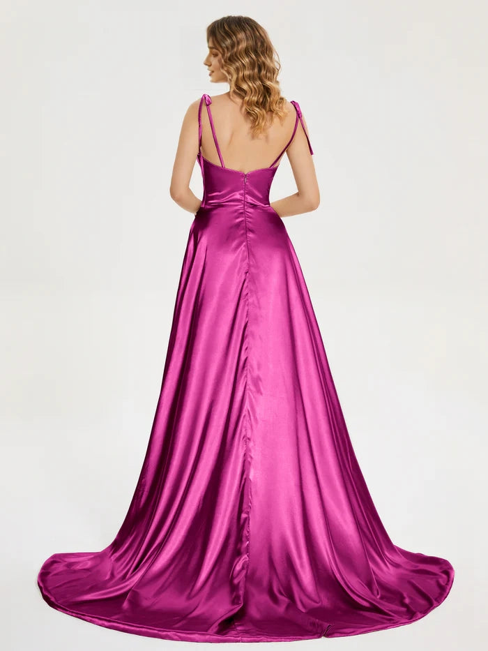 Spaghetti Straps Slit Soft Satin Bridesmaid Dress simple gentle atmospheric and unique desi Bring summer colors to enhance whiteness