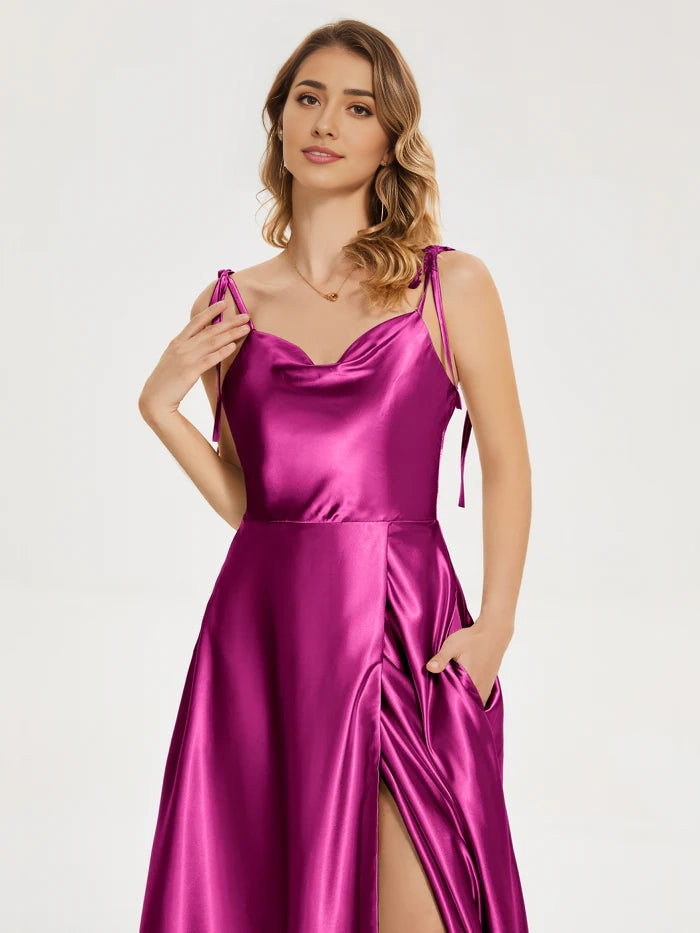 Spaghetti Straps Slit Soft Satin Bridesmaid Dress simple gentle atmospheric and unique desi Bring summer colors to enhance whiteness