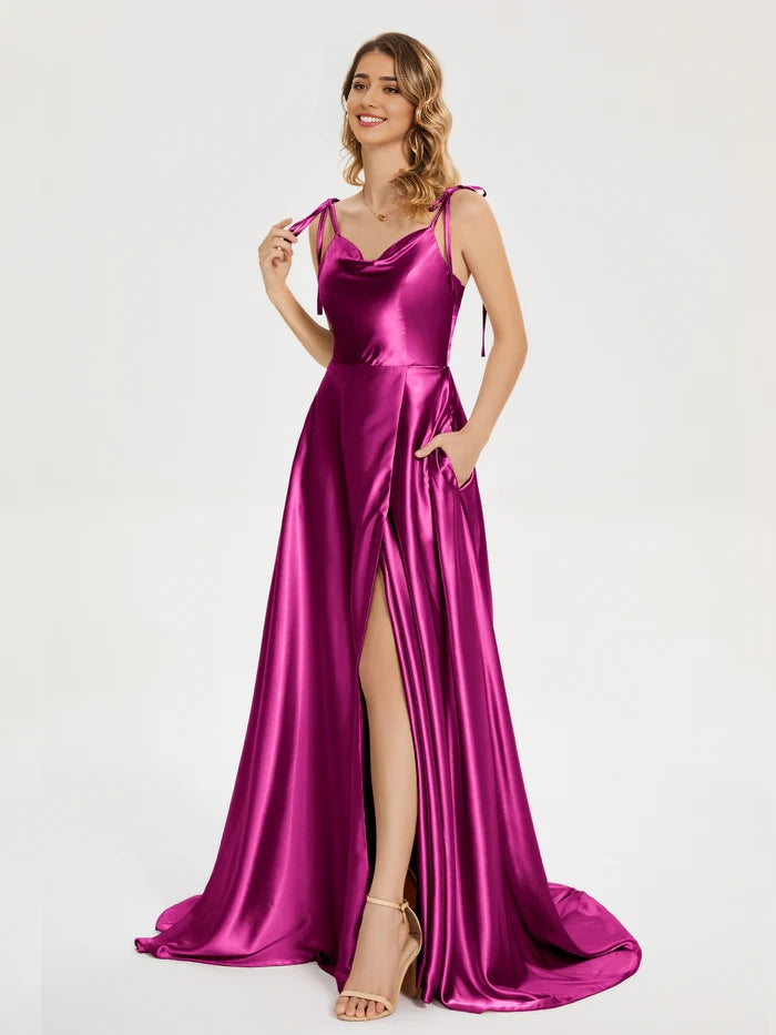 Spaghetti Straps Slit Soft Satin Bridesmaid Dress simple gentle atmospheric and unique desi Bring summer colors to enhance whiteness