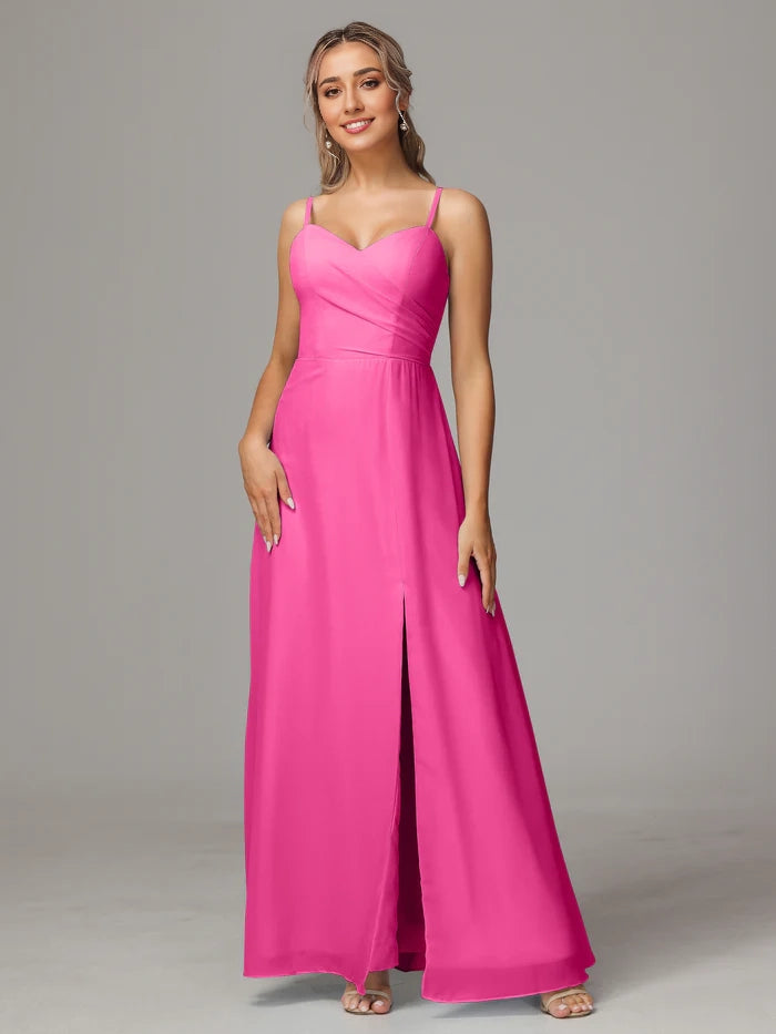Spaghetti Straps Sweetheart Chiffon Bridesmaid Dress With Slit simple gentle atmospheric and unique desi Bring summer colors to enhance whiteness