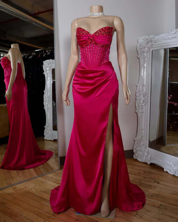 Spaghetti Straps Sweetheart Seeleveless Sheath High Split Pleated Satin Prom Dress with Beads Evening Dress
