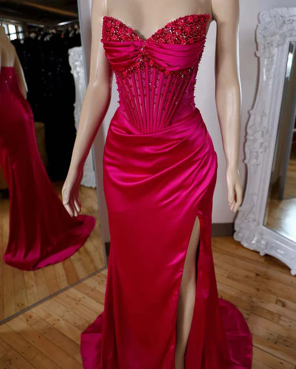 Spaghetti Straps Sweetheart Seeleveless Sheath High Split Pleated Satin Prom Dress with Beads Evening Dress