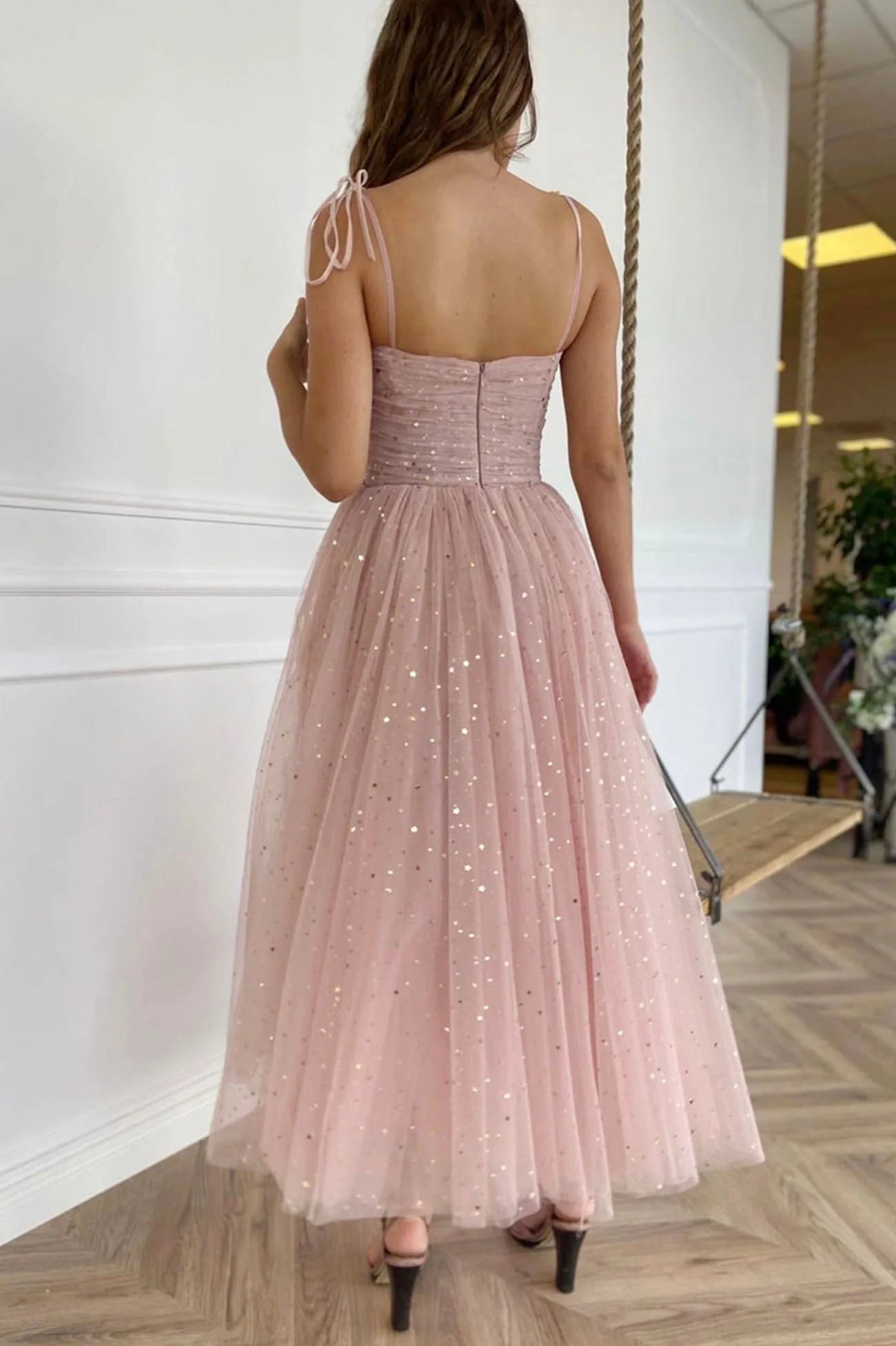 Spaghetti Straps Tulle Short Prom Dress Pink A-Line Evening Party Dress simple gentle atmospheric and unique desi Bring summer colors to enhance white