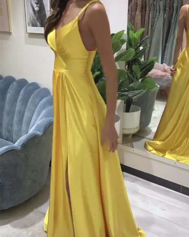 Spaghetti Straps V Neck Prom Dresses Satin Leg Slit simple gentle atmospheric and unique desi Bring summer colors to enhance whiteness