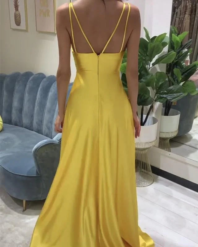 Spaghetti Straps V Neck Prom Dresses Satin Leg Slit simple gentle atmospheric and unique desi Bring summer colors to enhance whiteness