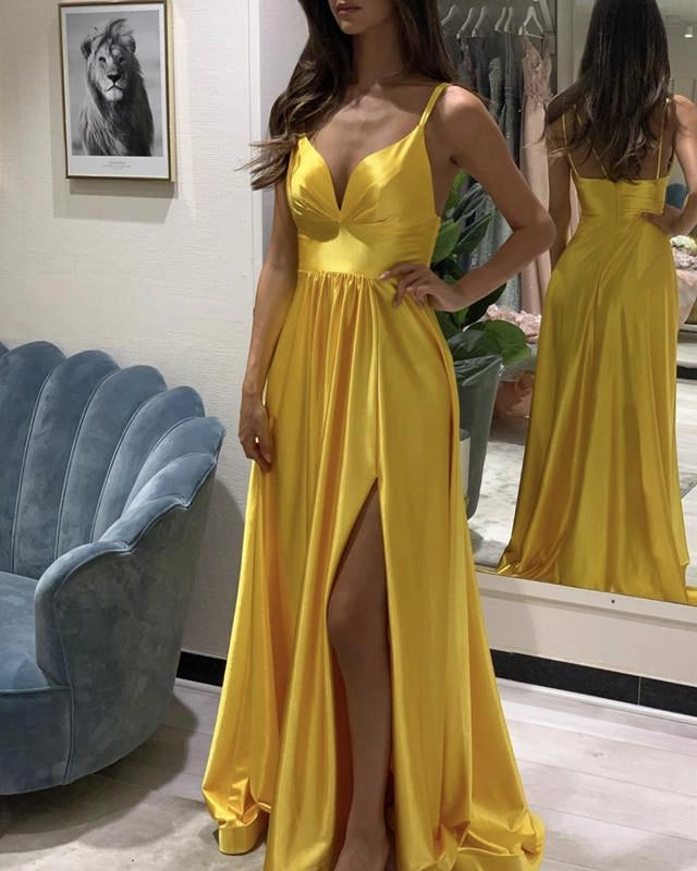 Spaghetti Straps V Neck Prom Dresses Satin Leg Slit simple gentle atmospheric and unique desi Bring summer colors to enhance whiteness