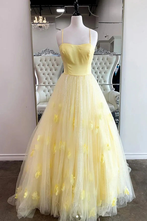 Spaghetti Straps Yellow Prom Dress With 3D flowers simple gentle atmospheric and unique desi Bring summer colors to enhance whiteness