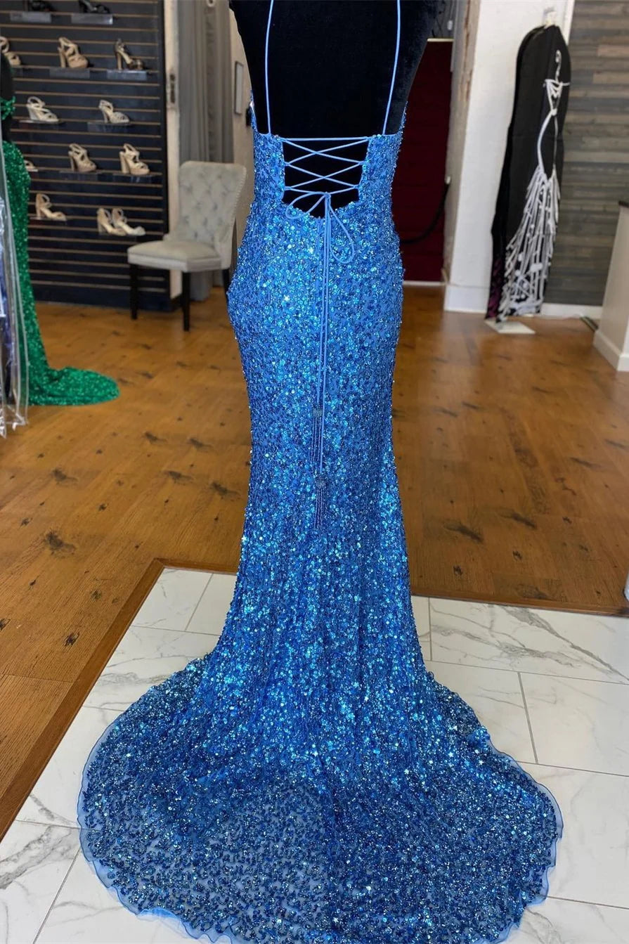 Sparkle Blue Sequin Prom Dresses Iridescent Mermaid Long Formal Dresses Side Slit simple gentle atmospheric and unique desi Bring summer colors to enhance whiteness