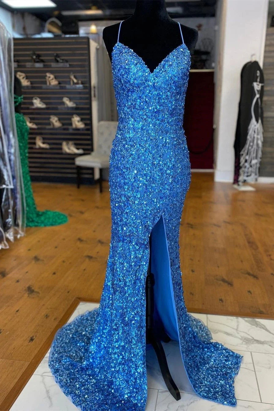 Sparkle Blue Sequin Prom Dresses Iridescent Mermaid Long Formal Dresses Side Slit simple gentle atmospheric and unique desi Bring summer colors to enhance whiteness