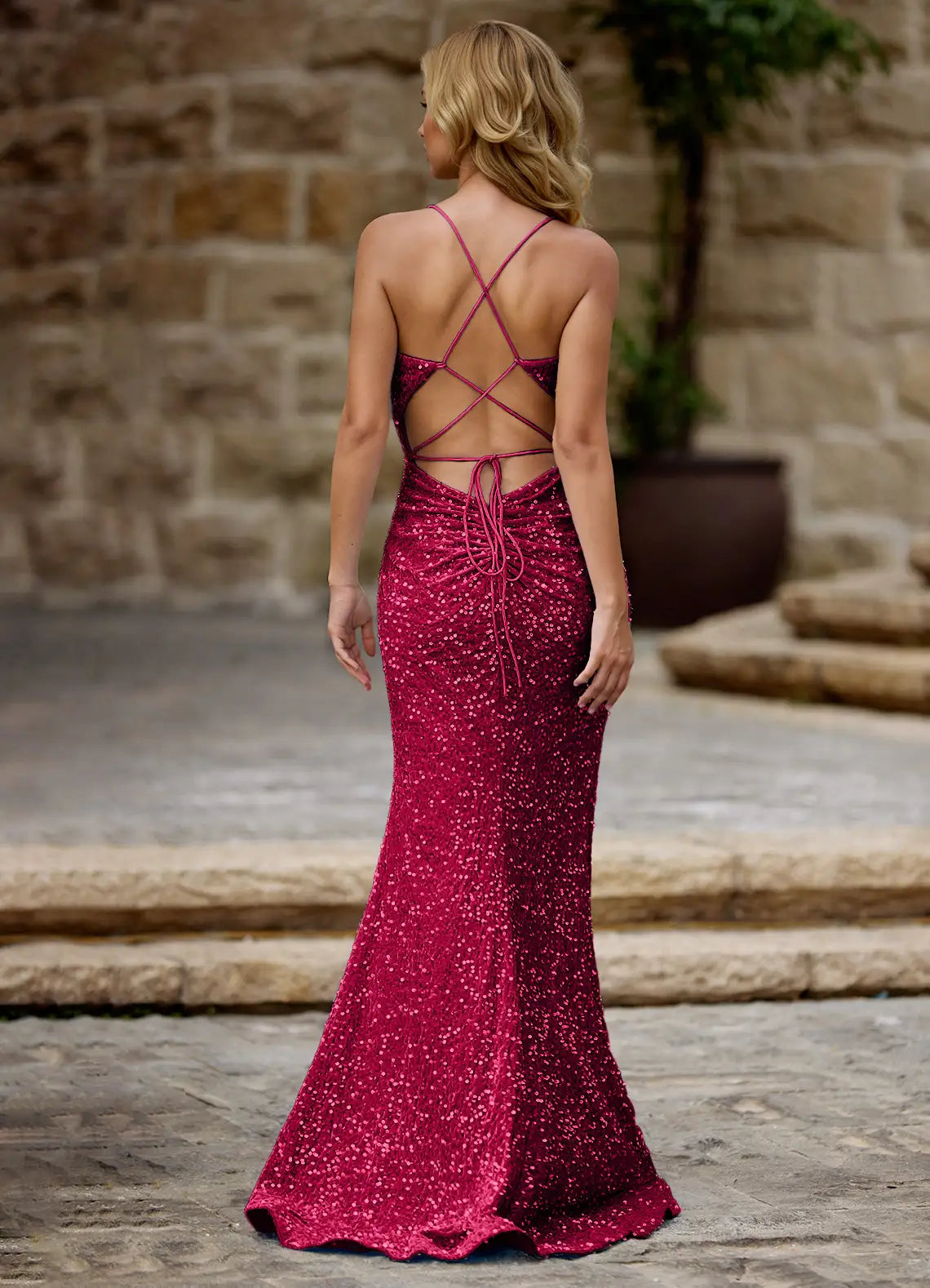 Sparkling Mermaid V Neck Spaghetti Strap Crisscross Lace Up Back High Slit Floor Length Female Evening Dress