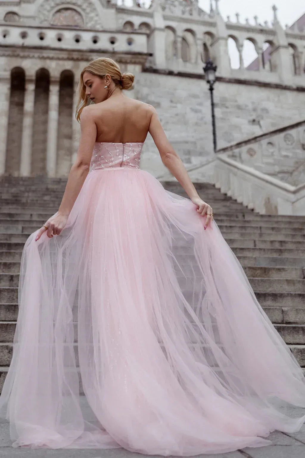 Sparkly A-Line Strapless Sleeveless Open Back Train Floor Length Prom Dress