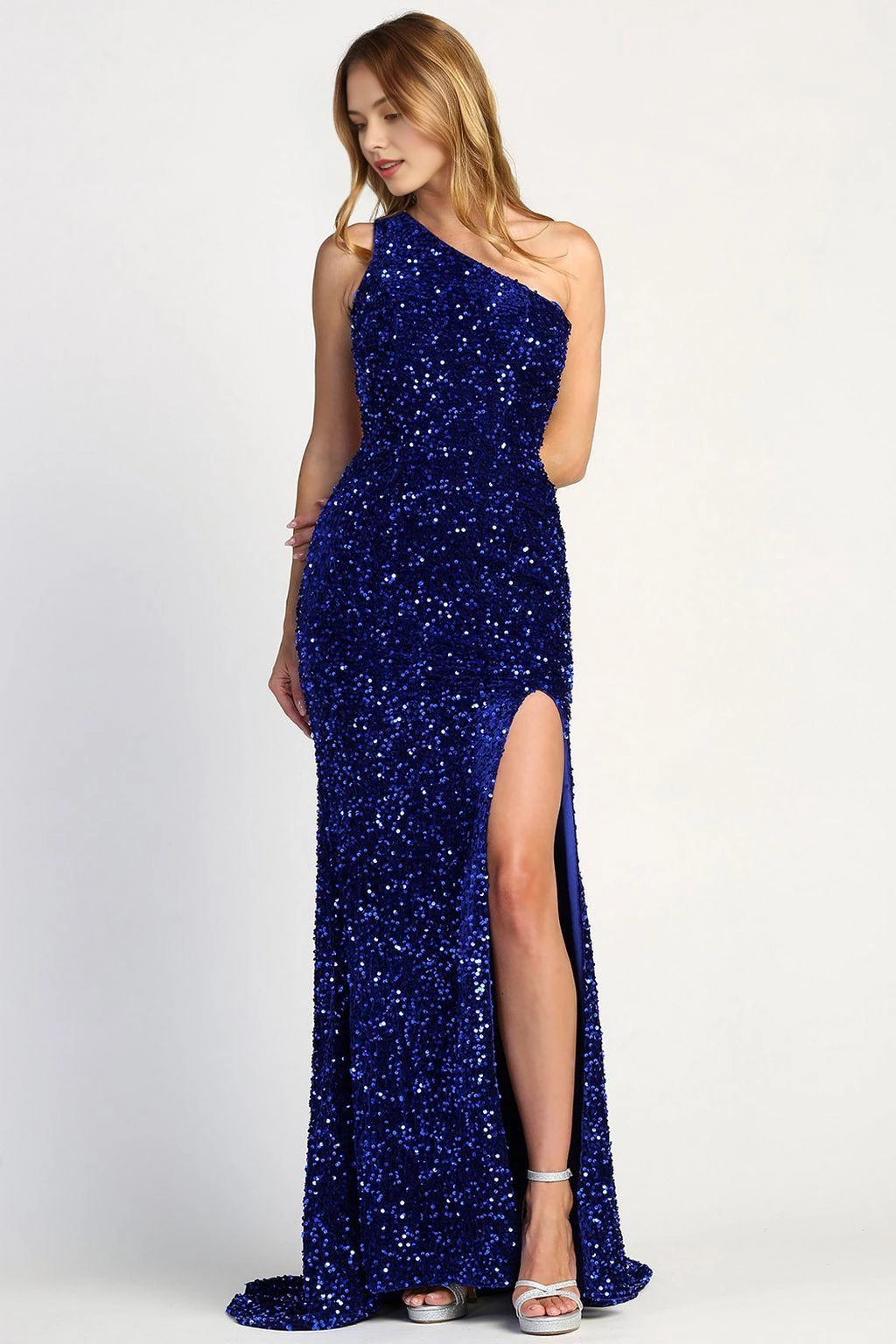 Sparkly Mermaid One-Shoulder Sleeveless Open Back Train Floor Length Prom Dress