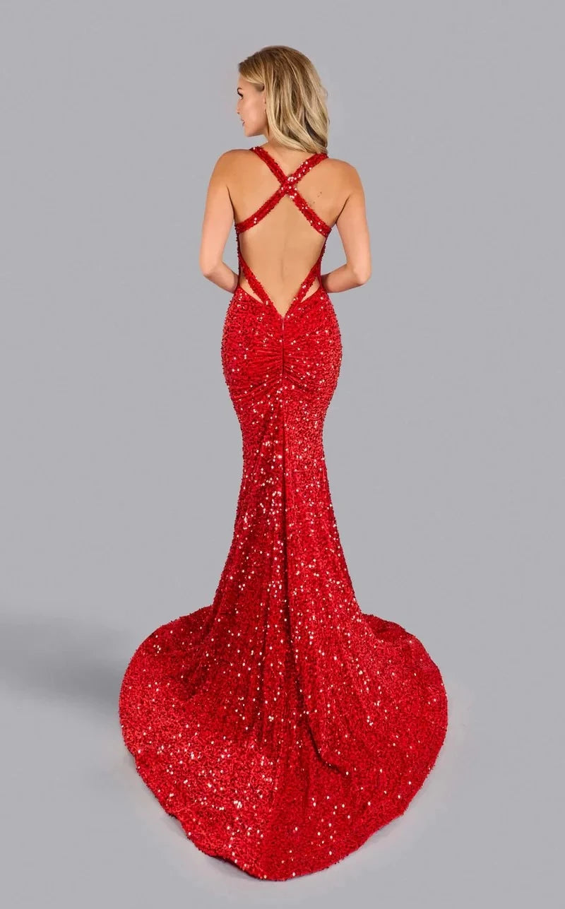 Sparkly Mermaid V Neck Crisscross Strap Open Back Train Floor Length Prom Dress
