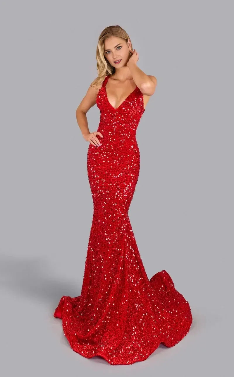 Sparkly Mermaid V Neck Crisscross Strap Open Back Train Floor Length Prom Dress