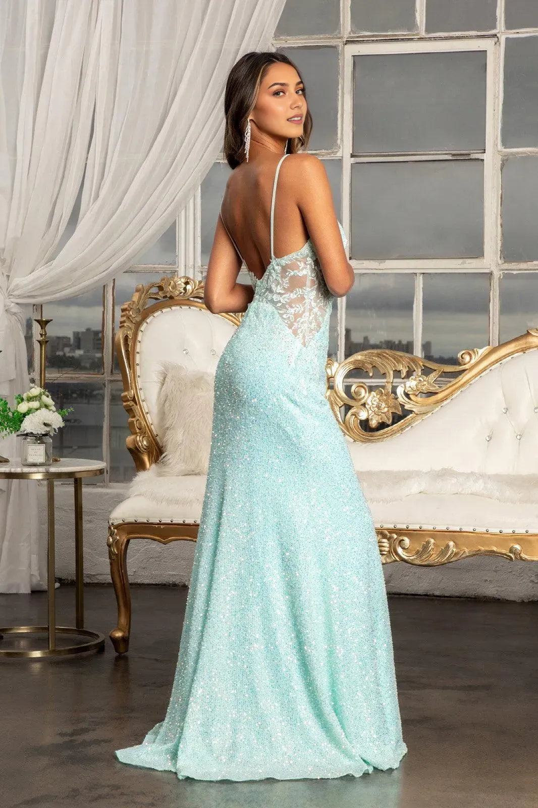 Sparkly Mermaid V-Neck Spaghetti Strap Open Back Floor Length Prom Dress