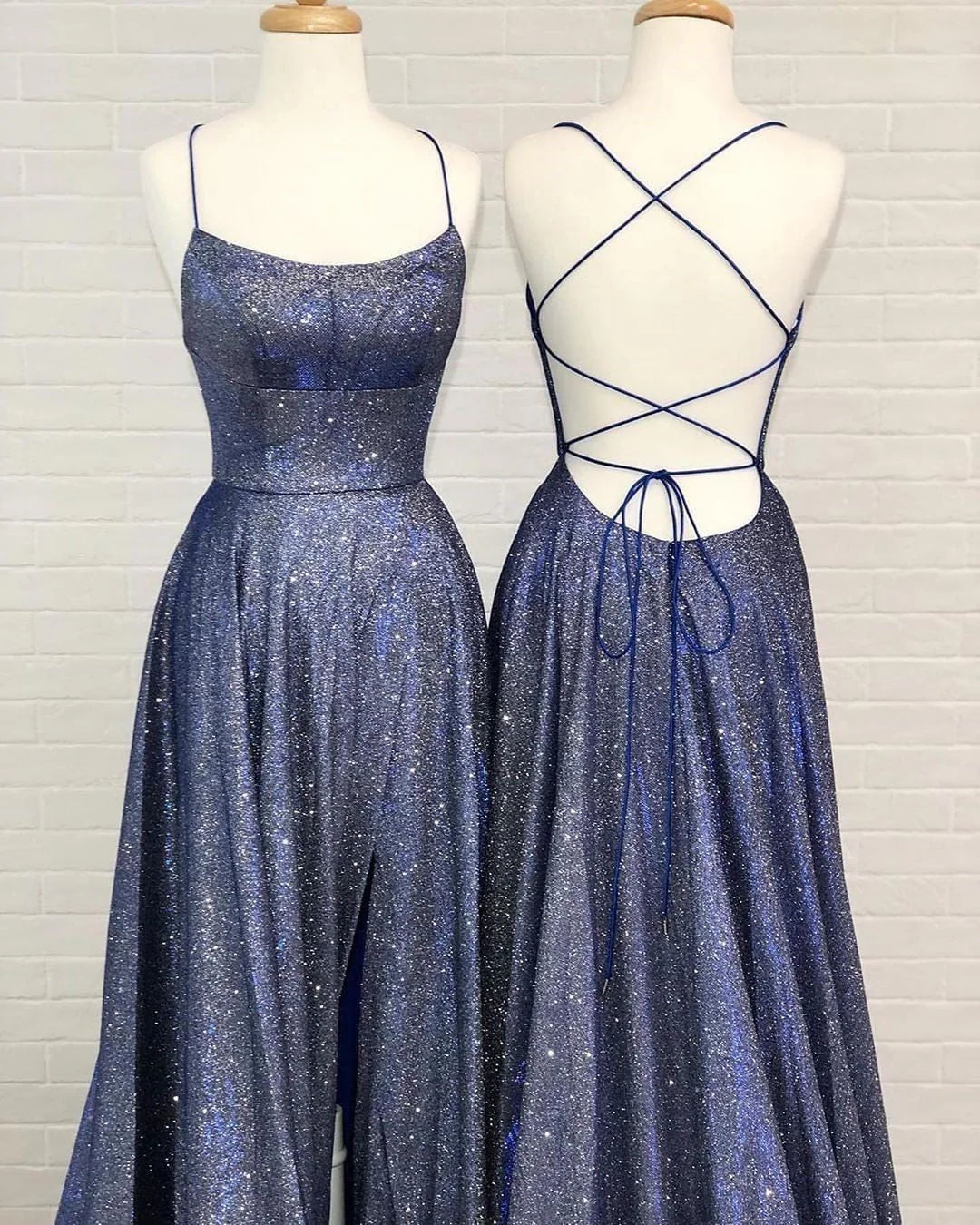 Sparkly A-line Spaghetti Straps Long Prom Dress With Slit simple gentle atmospheric and unique desi Bring summer colors to enhance whiteness