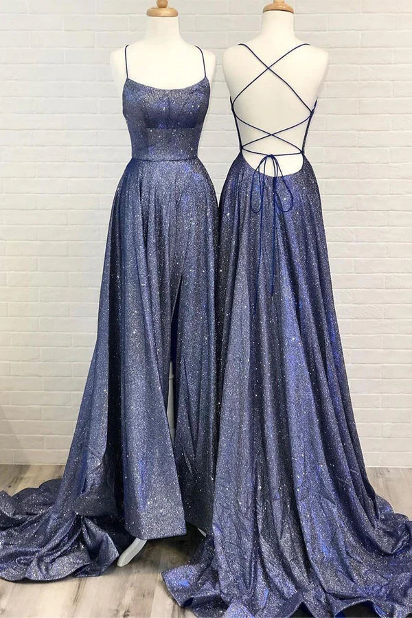 Sparkly A-line Spaghetti Straps Long Prom Dress With Slit simple gentle atmospheric and unique desi Bring summer colors to enhance whiteness