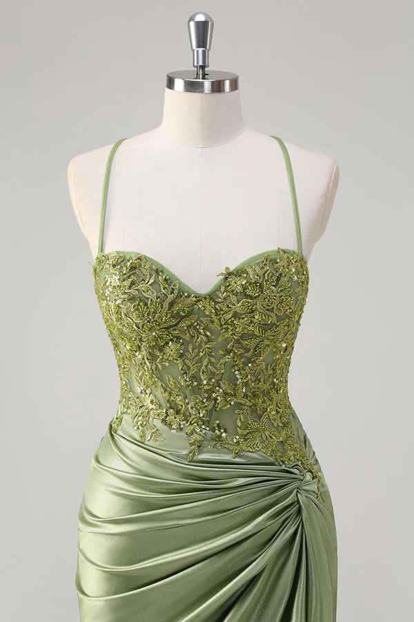 Sparkly Army Green Mermaid Corset Long Prom Dress with Slit simple gentle atmospheric and unique desi