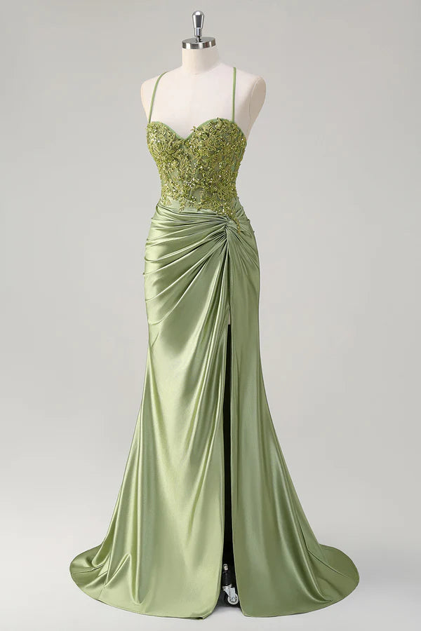 Sparkly Army Green Mermaid Corset Long Prom Dress with Slit simple gentle atmospheric and unique desi
