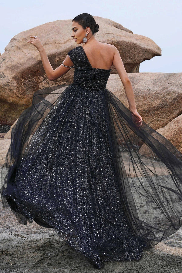 Sparkly Black A-Line One Shoulder Sequined Tulle Long Prom Dress with Slit simple gentle atmospheric and unique desi Bring summer colors to enhance whiteness