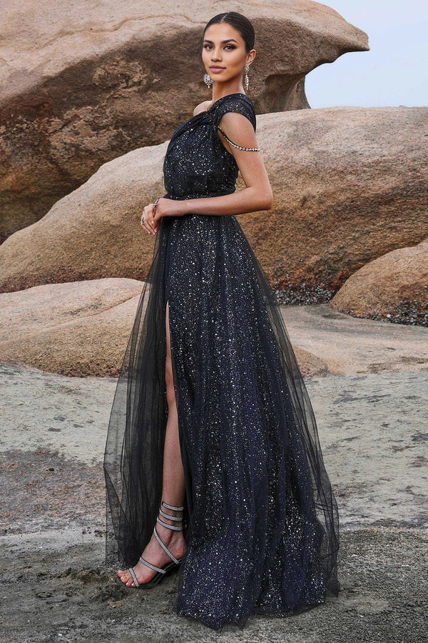 Sparkly Black A-Line One Shoulder Sequined Tulle Long Prom Dress with Slit simple gentle atmospheric and unique desi Bring summer colors to enhance whiteness