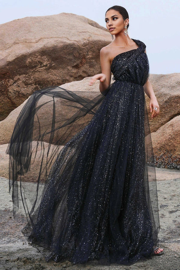 Sparkly Black A-Line One Shoulder Sequined Tulle Long Prom Dress with Slit simple gentle atmospheric and unique desi Bring summer colors to enhance whiteness