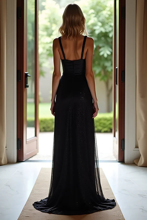 Sparkly Black A Line Spaghetti Straps Long Prom Dress With Sequins simple gentle atmospheric and unique desi Bring summer colors to enhance whiteness