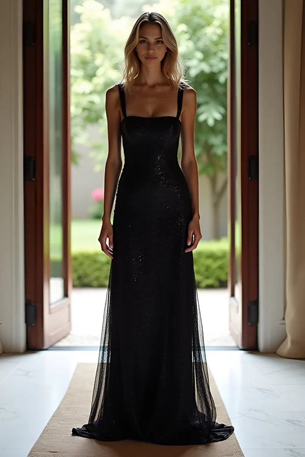 Sparkly Black A Line Spaghetti Straps Long Prom Dress With Sequins simple gentle atmospheric and unique desi Bring summer colors to enhance whiteness