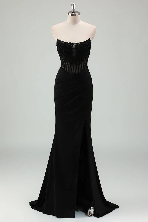 Sparkly Black Mermaid Strapless Corset Appliqued Long Prom Dress with Slit simple gentle atmospheric and unique desi