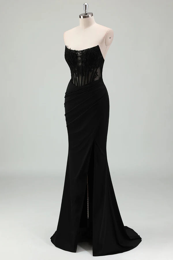 Sparkly Black Mermaid Strapless Corset Appliqued Long Prom Dress with Slit simple gentle atmospheric and unique desi