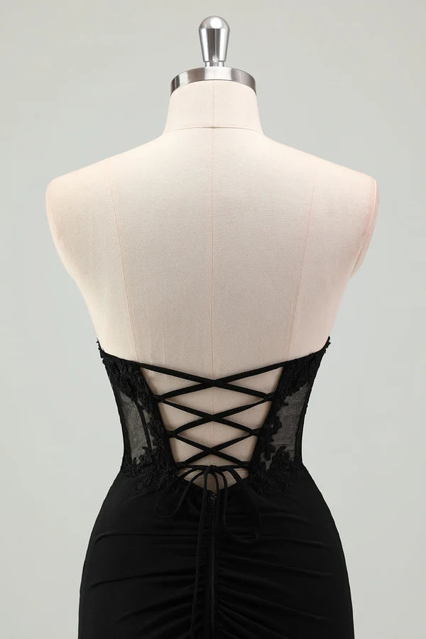 Sparkly Black Mermaid Strapless Corset Appliqued Long Prom Dress with Slit simple gentle atmospheric and unique desi