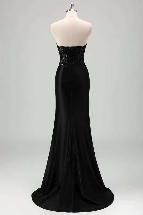 Sparkly Black Mermaid Strapless Corset Appliques Long Prom Dress with Slit simple gentle atmospheric and unique desi