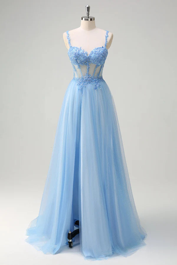 Sparkly Blue A-Line Sheer Corset Lace Up Back Long Prom Dress with Slit simple gentle atmospheric and unique desi