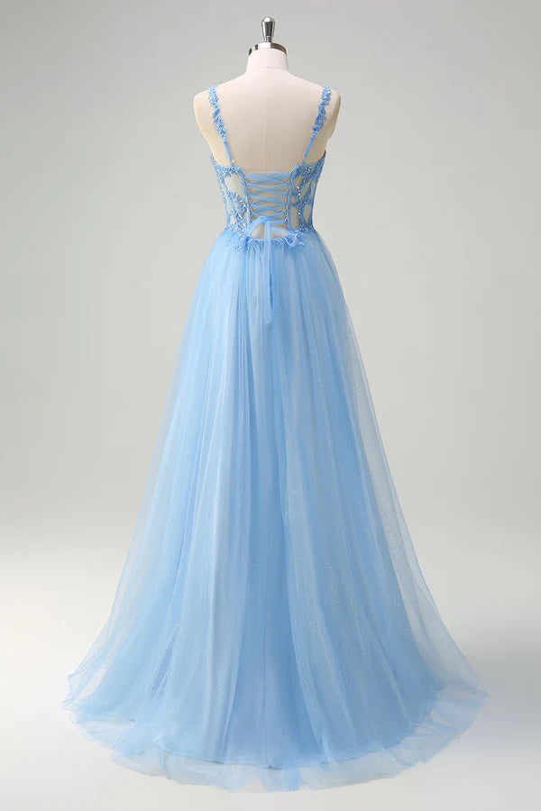 Sparkly Blue A-Line Sheer Corset Lace Up Back Long Prom Dress with Slit simple gentle atmospheric and unique desi