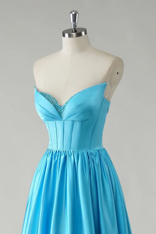 Sparkly Blue A-Line Strapless Sequin Corset Long Prom Dress simple gentle atmospheric and unique desi Bring summer colors to enhance whiteness