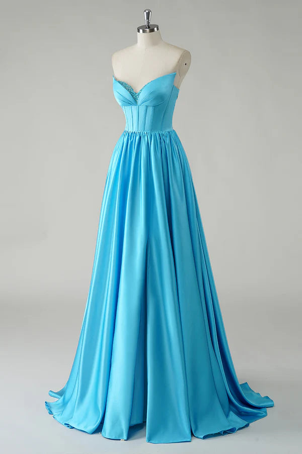 Sparkly Blue A-Line Strapless Sequin Corset Long Prom Dress simple gentle atmospheric and unique desi Bring summer colors to enhance whiteness
