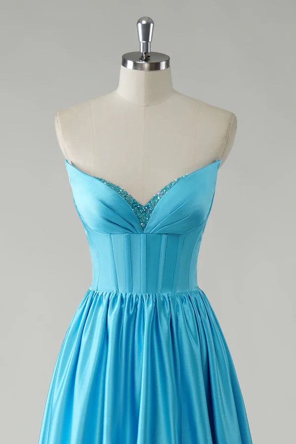 Sparkly Blue A-Line Strapless Sequin Corset Long Prom Dress simple gentle atmospheric and unique desi Bring summer colors to enhance whiteness