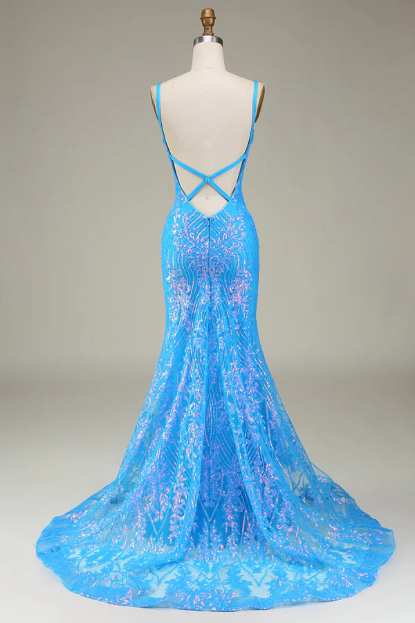 Sparkly Blue Deep V-neck Mermaid Prom Dress simple gentle atmospheric and unique desig