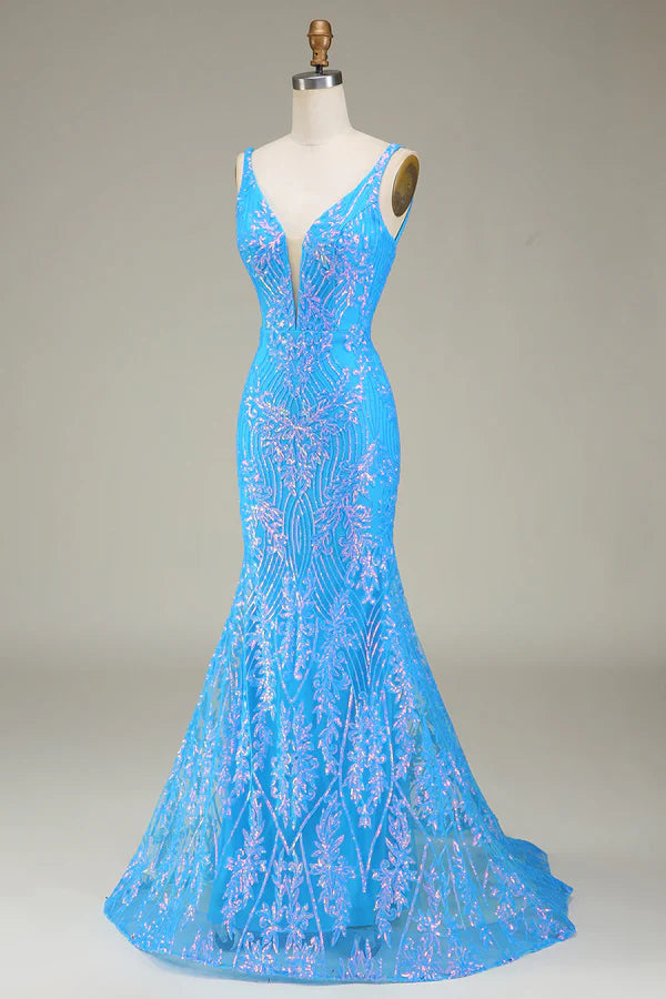 Sparkly Blue Deep V-neck Mermaid Prom Dress simple gentle atmospheric and unique desig