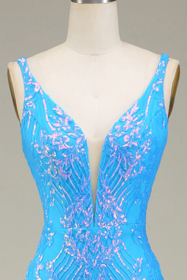 Sparkly Blue Deep V-neck Mermaid Prom Dress simple gentle atmospheric and unique desig