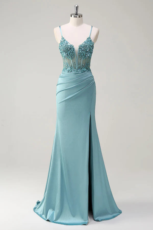 Sparkly Blue Mermaid Corset Prom Dress with Slit simple gentle atmospheric and unique desi Bring summer colors to enhance whiteness
