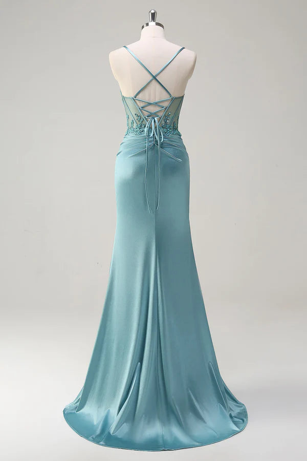 Sparkly Blue Mermaid Corset Prom Dress with Slit simple gentle atmospheric and unique desi Bring summer colors to enhance whiteness