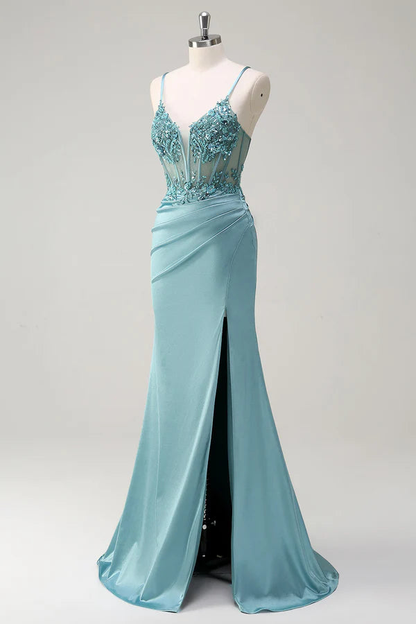 Sparkly Blue Mermaid Corset Prom Dress with Slit simple gentle atmospheric and unique desi Bring summer colors to enhance whiteness