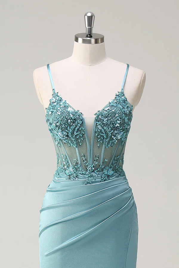 Sparkly Blue Mermaid Corset Prom Dress with Slit simple gentle atmospheric and unique desi Bring summer colors to enhance whiteness