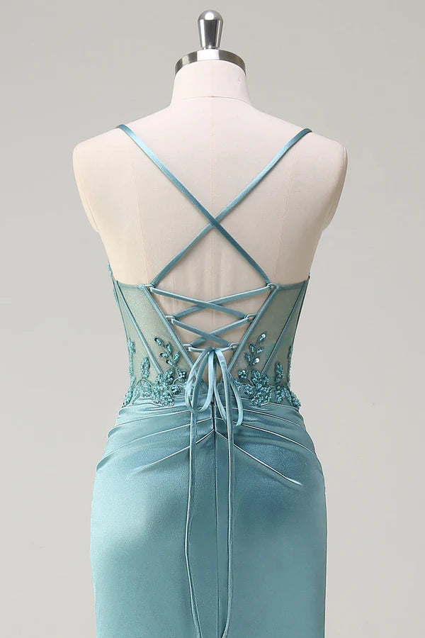 Sparkly Blue Mermaid Corset Prom Dress with Slit simple gentle atmospheric and unique desi Bring summer colors to enhance whiteness