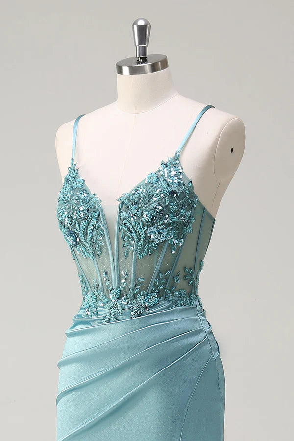 Sparkly Blue Mermaid Corset Prom Dress with Slit simple gentle atmospheric and unique desi Bring summer colors to enhance whiteness