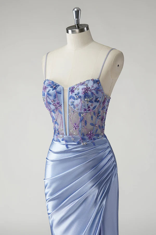 Sparkly Blue Mermaid Satin Floral Long Prom Dress with Slit simple gentle atmospheric and unique desi Bring summer colors to enhance whiteness