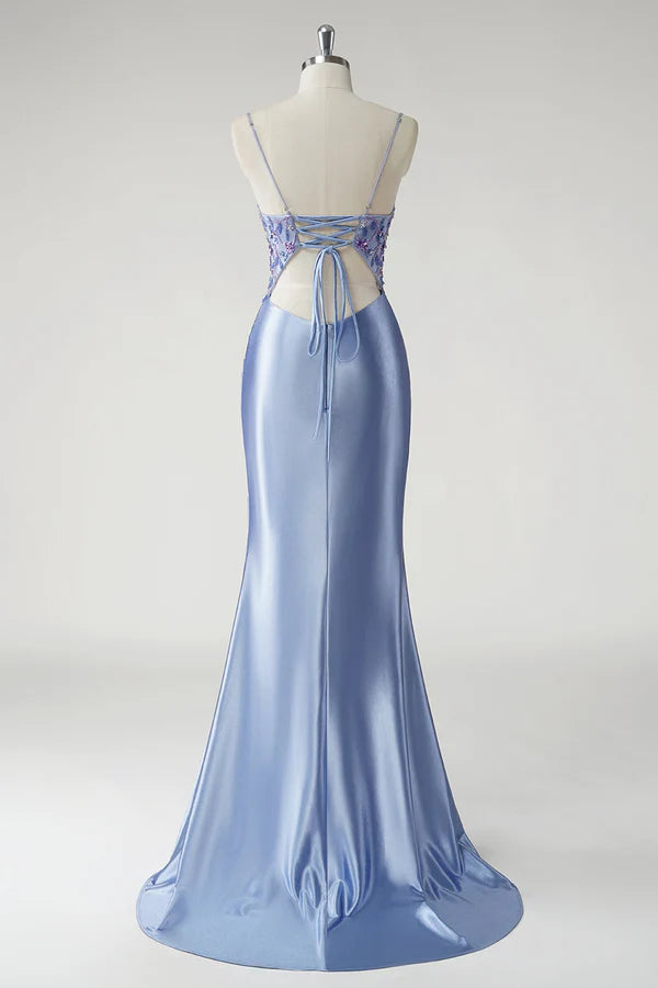 Sparkly Blue Mermaid Satin Floral Long Prom Dress with Slit simple gentle atmospheric and unique desi Bring summer colors to enhance whiteness