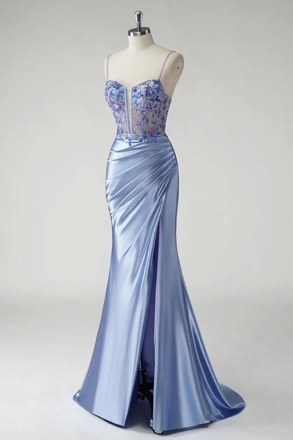 Sparkly Blue Mermaid Satin Floral Long Prom Dress with Slit simple gentle atmospheric and unique desi Bring summer colors to enhance whiteness
