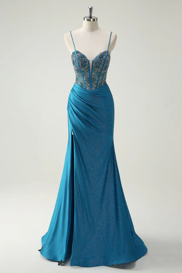 Sparkly Blue Spaghetti Straps V-Neck Ruched Long Prom Dress with Beading simple gentle atmospheric and unique desi Bring summer colors to enhance whiteness